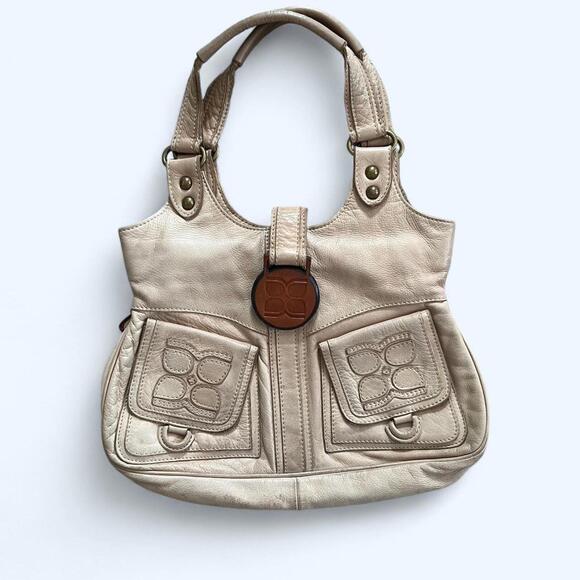 BCBGMaxAzria Vintage Beige Leather Hobo Shoulder bag with wood accents